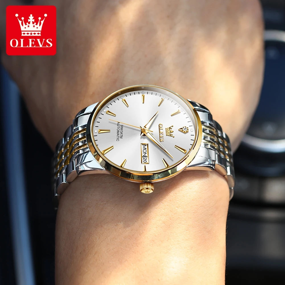 Gold men's wristwatch by Lamp Post featuring luminous dial, stainless steel band, automatic movement, waterproof, and date display.