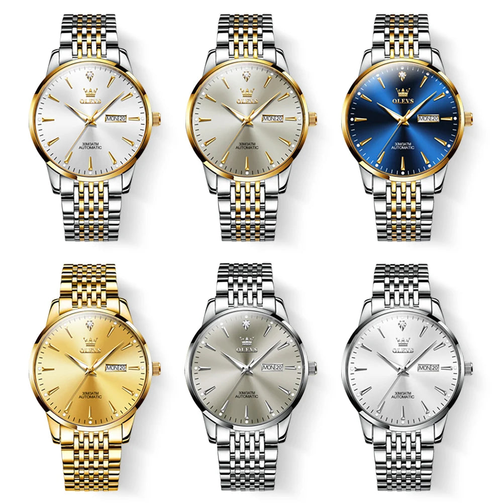 Gold men's wristwatch by Lamp Post featuring a white dial, luminous hands, stainless steel band, and waterproof automatic movement.