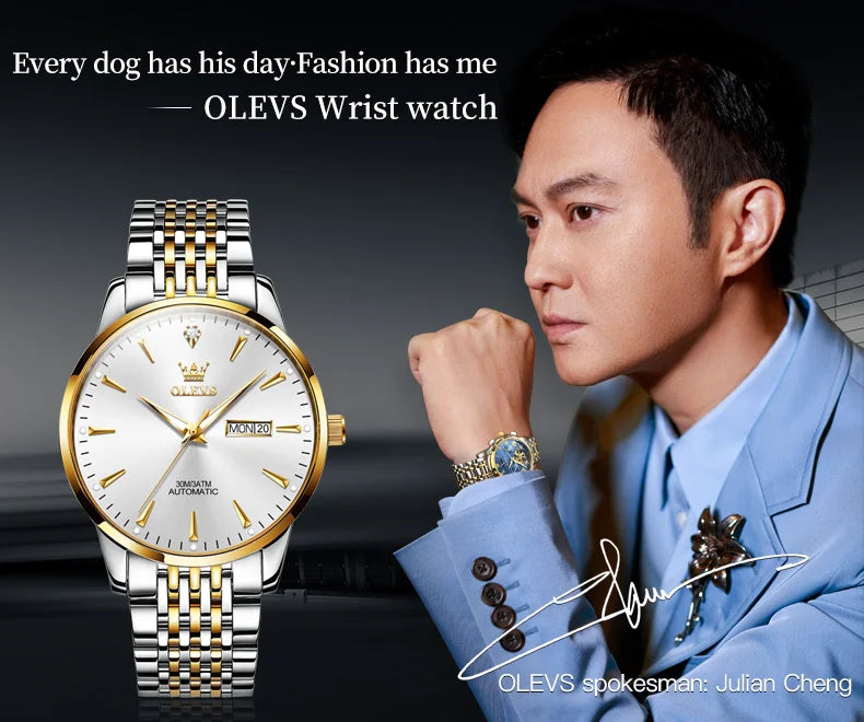 Gold men's stainless steel wristwatch by Lamp Post featuring luminous dial, waterproof design, automatic movement, and date display.