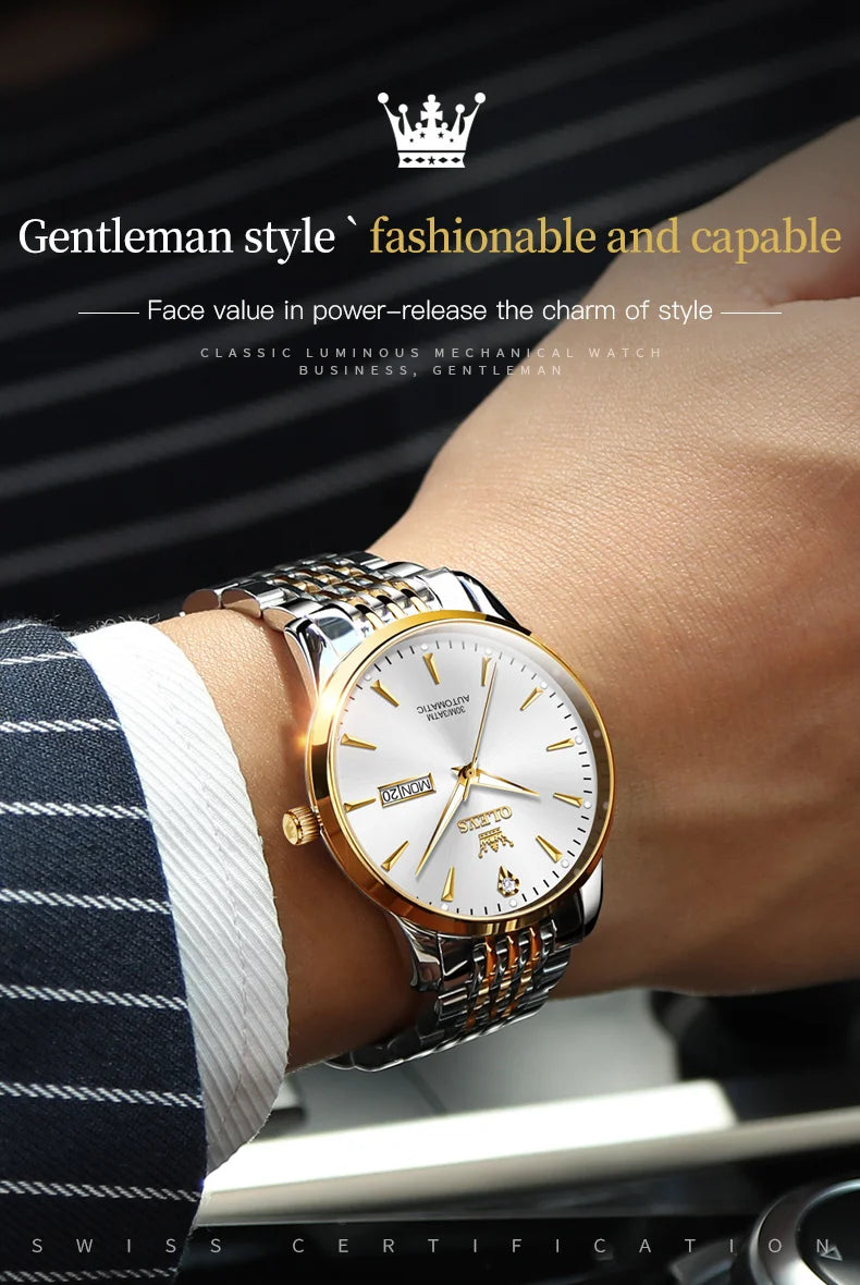 Gold men's stainless-steel automatic wristwatch with luminous dial, waterproof design, and date display from Lamp Post.