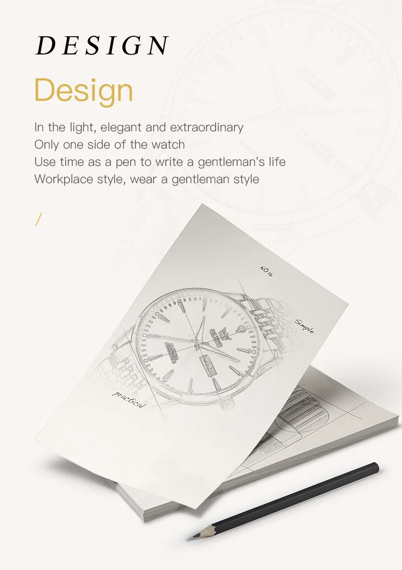 Gold men's wristwatch by Lamp Post featuring stainless steel band, luminous dial, waterproof design, and automatic mechanical movement.