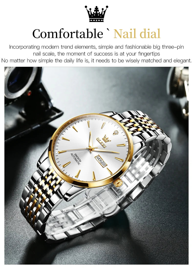 Men's Lamp Post automatic stainless steel wristwatch with luminous dial, waterproof design, and date display for business and casual wear.