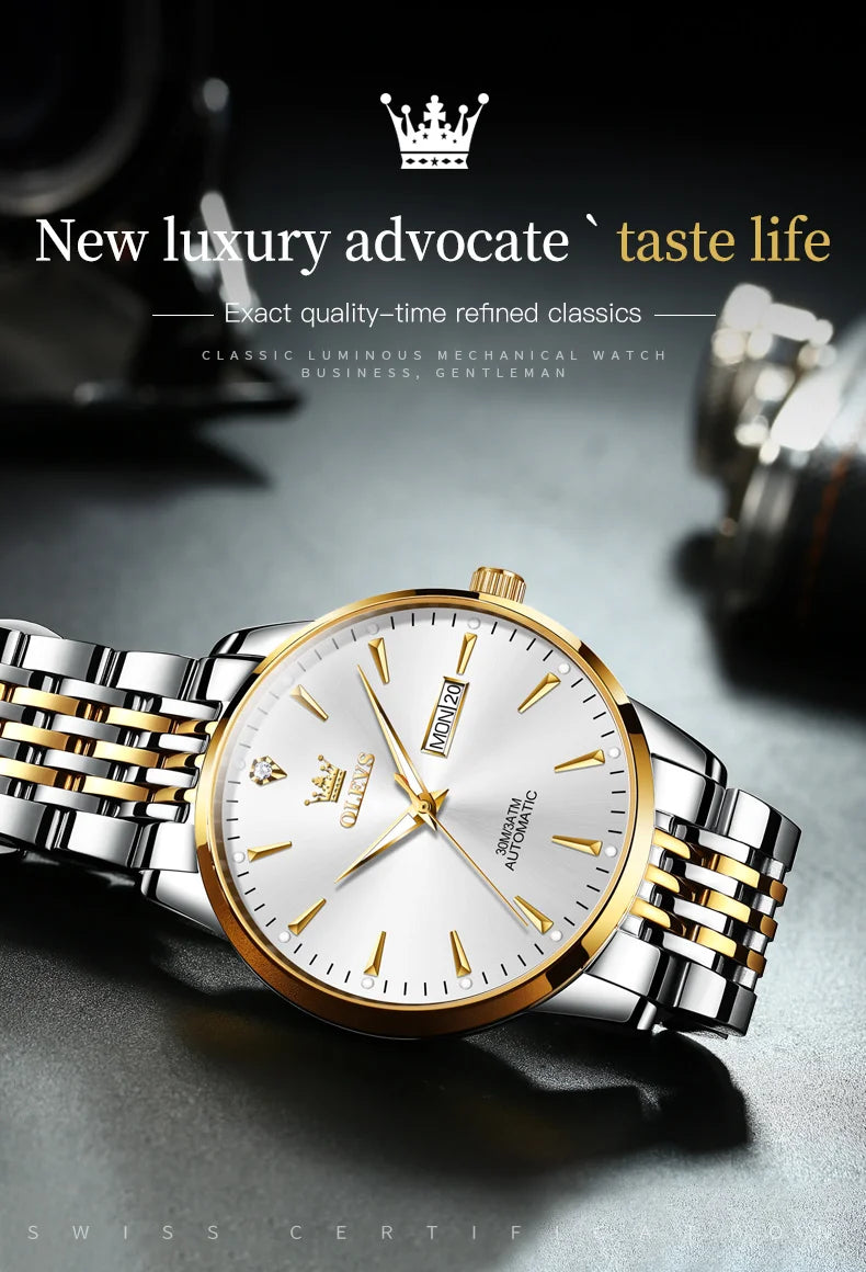 Men's Lamp Post gold and white stainless steel automatic wristwatch with luminous dial, waterproof design, and date display.