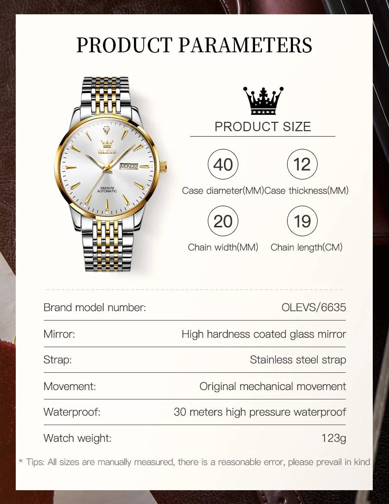 Men's Lamp Post gold and white automatic mechanical wristwatch with luminous dial, waterproof stainless steel band, and date display.