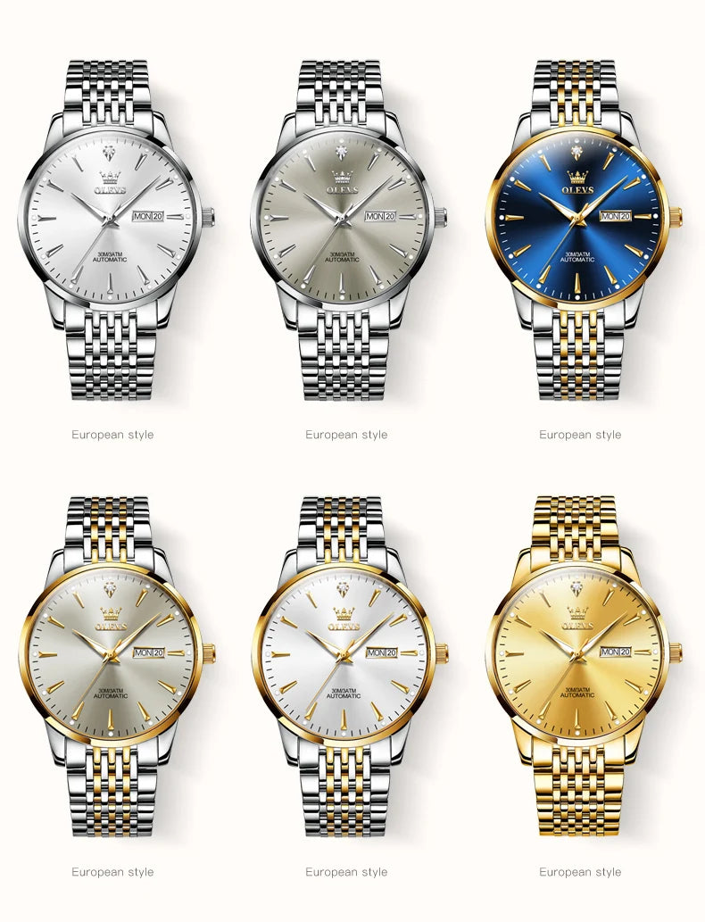Lamp Post men's gold and white stainless-steel automatic mechanical wristwatch with luminous dial, waterproof, date display, and elegant design.