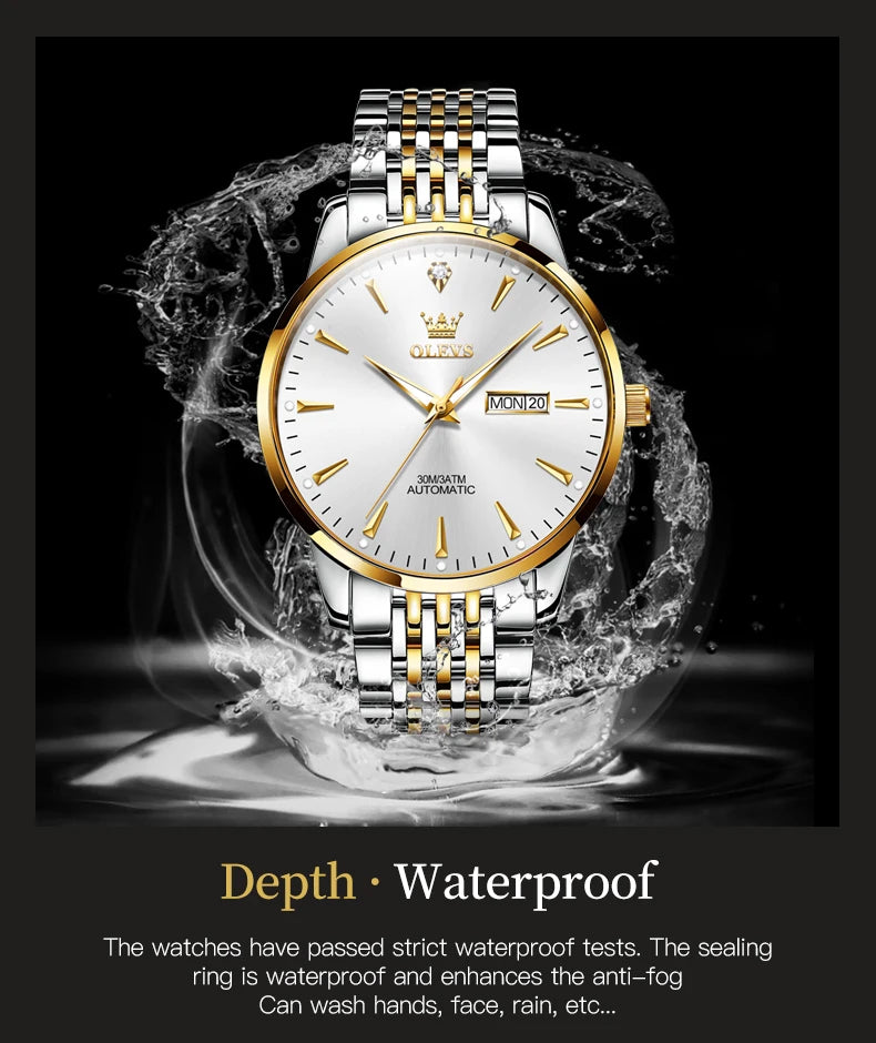 Lamp Post men's gold and white stainless steel automatic wristwatch with luminous dial, waterproof design, and date display.