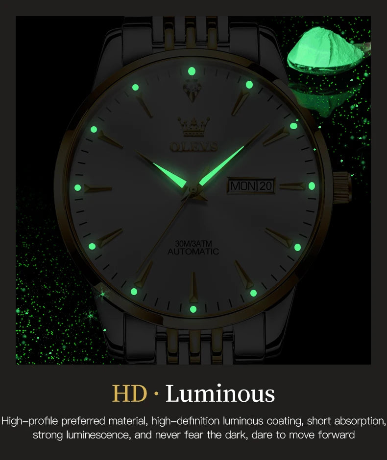 Gold men's wristwatch by Lamp Post featuring an automatic mechanical movement, luminous dial, stainless steel case, waterproof, with date display