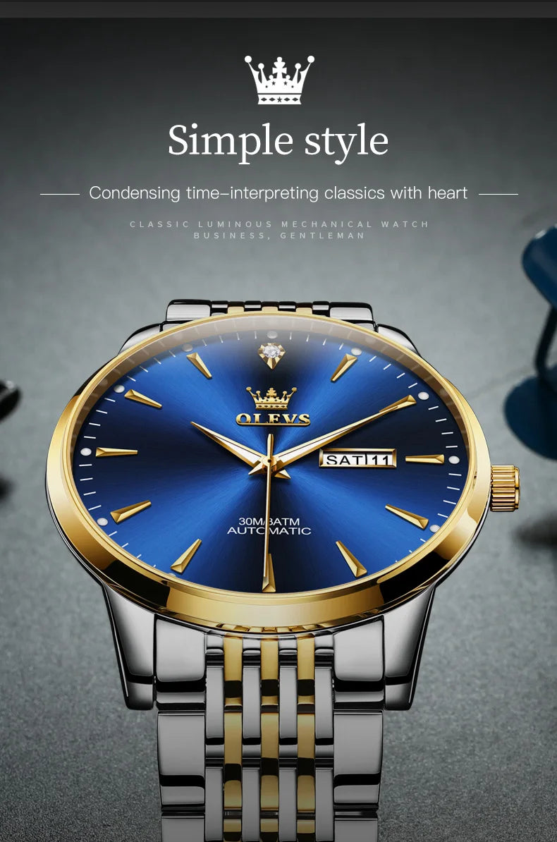 Gold and white men's stainless steel automatic wristwatch with luminous dial, waterproof design, and date display by Lamp Post.