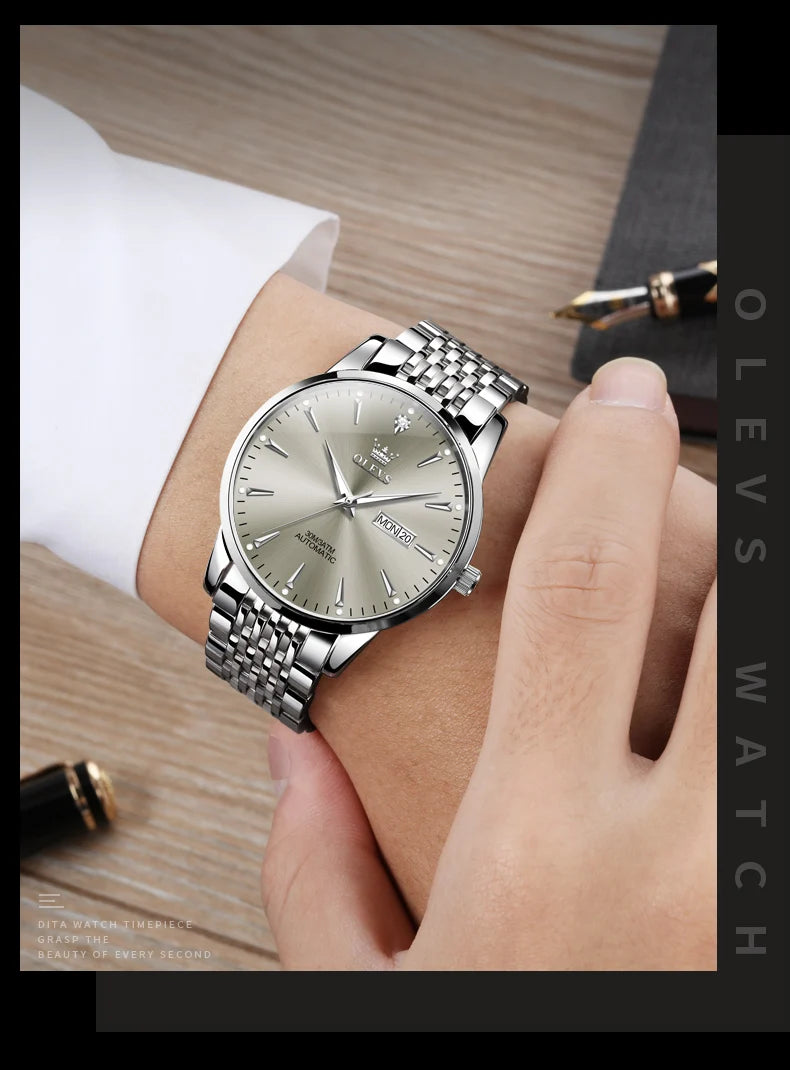 Lamp Post men's gold and white stainless steel automatic mechanical wristwatch with luminous dial, waterproof, and date display.