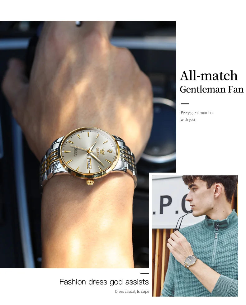 Lamp Post men's gold and white stainless-steel automatic wristwatch with luminous dial, waterproof design, and date display.