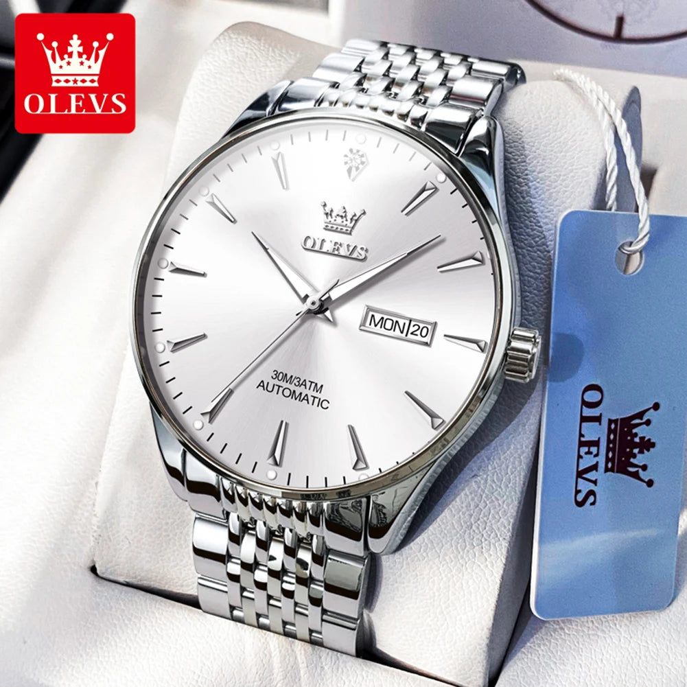 Men's gold and white stainless steel business wristwatch with luminous dial, date display, waterproof, automatic mechanical movement by Lamp Post.