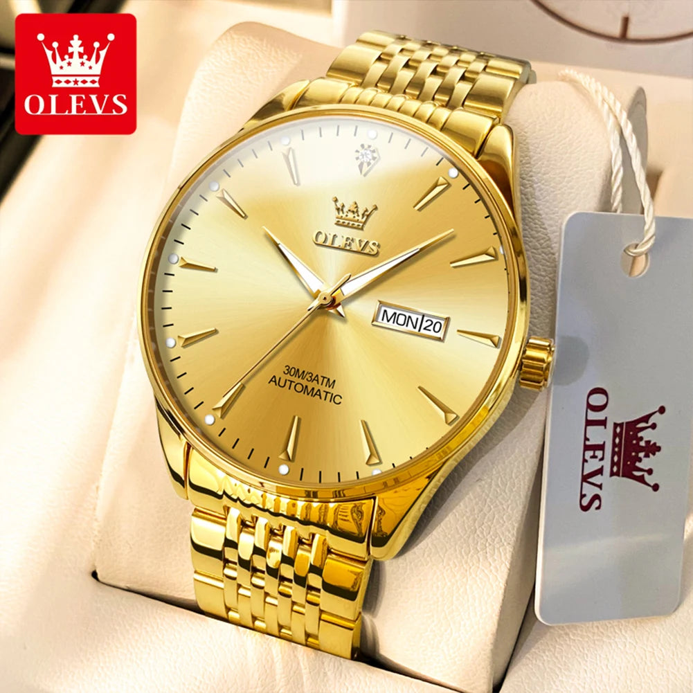 Men's gold and white stainless steel business wristwatch by Lamp Post, automatic mechanical, waterproof with luminous dial and date display.