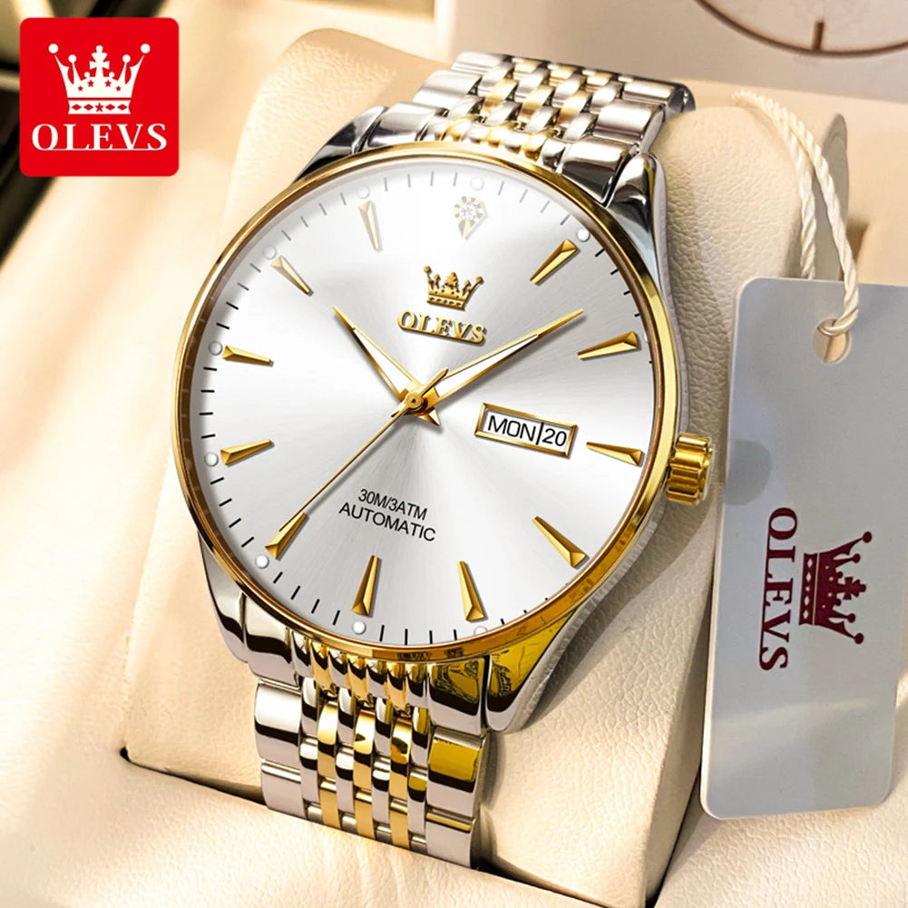 Men's Lamp Post gold and white stainless steel automatic mechanical wristwatch with luminous dial, waterproof, and date display.