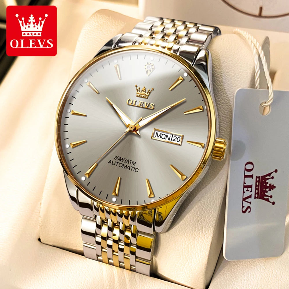 Men's Lamp Post gold and white stainless-steel automatic mechanical wristwatch with luminous dial, waterproof, and date display.