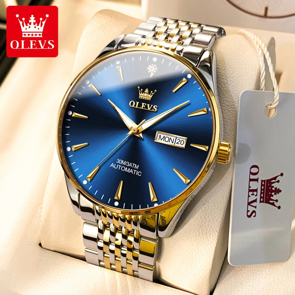 Lamp Post men's gold and white stainless-steel automatic business wristwatch with luminous dial, waterproof design, and date display.