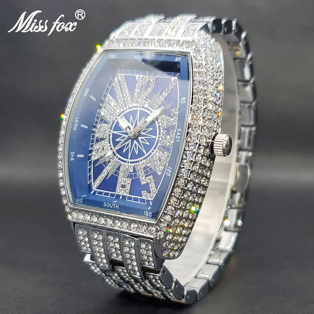 Black and gold iced out men's watch by Lamp Post featuring a luxurious design with sparkling accents.