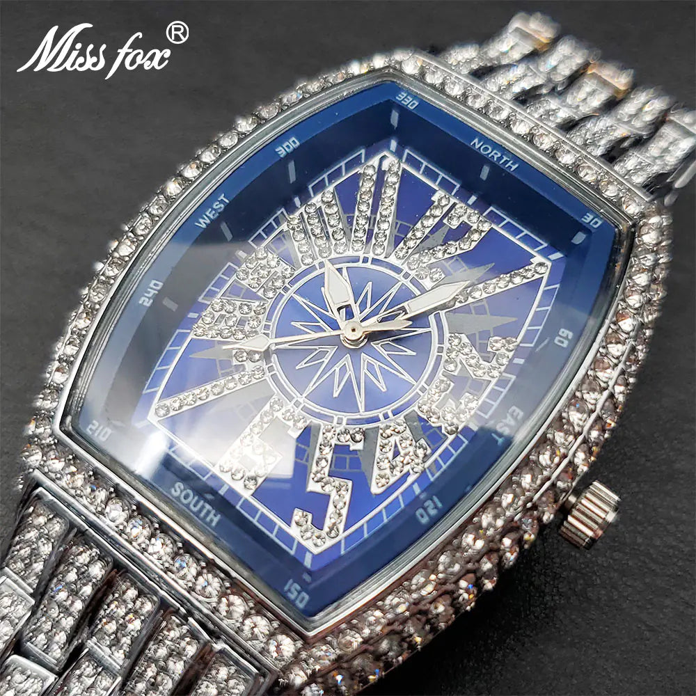 Black and gold iced out men's watch by Lamp Post featuring a detailed watch face and sparkling embellishments.