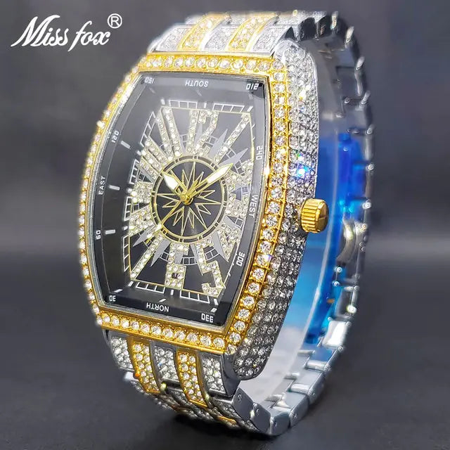 Black and gold iced out men's watch by Lamp Post featuring a detailed watch face and sparkling embellishments.