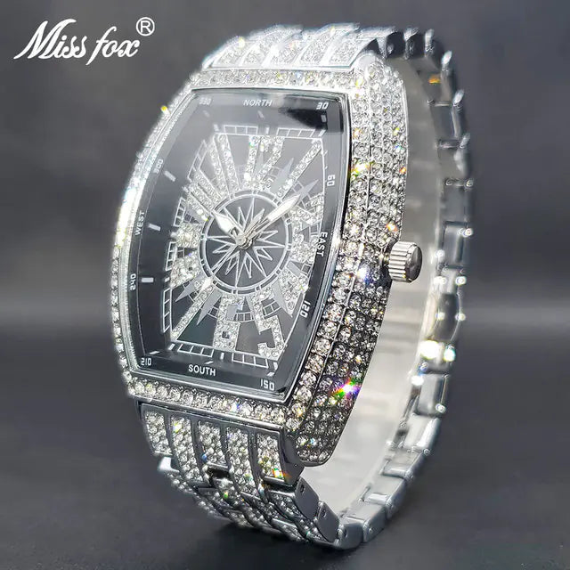 Black and gold iced out men's watch by Lamp Post featuring a stylish design and sparkling accents.