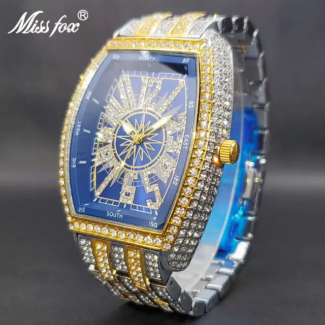 Black and gold iced out men's watch by Lamp Post with sparkling details and a sleek design.