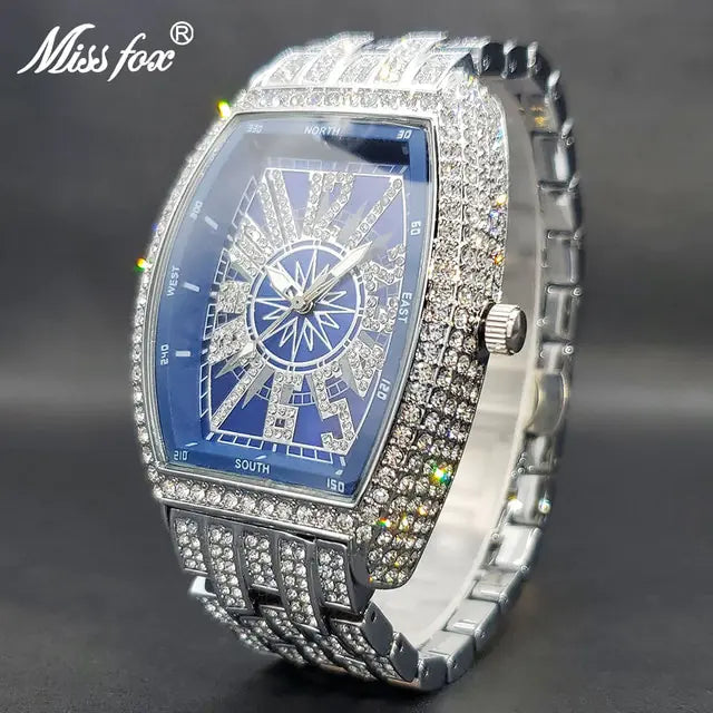 Black and gold iced out men's watch from Lamp Post featuring a detailed dial and sparkling embellishments.