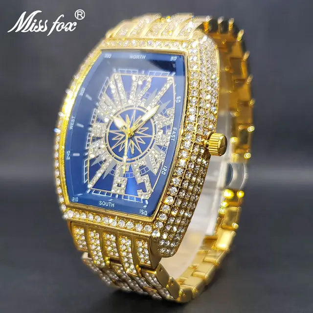 Lamp Post men's iced out watch with black and gold design, featuring a detailed dial and sparkling embellishments.