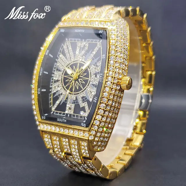 Black and gold iced out men's watch by Lamp Post featuring a luxurious design and sparkling embellishments