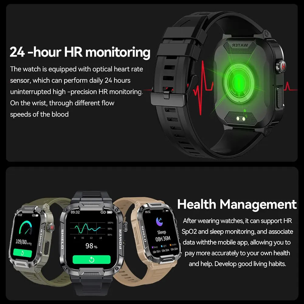 Black outdoor military smart watch for men by Lamp Post, featuring rugged design and digital display.