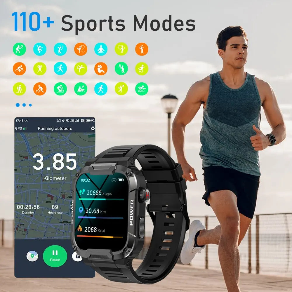 Black outdoor military smart watch for men by Lamp Post, featuring rugged design and digital display suitable for outdoor activities.