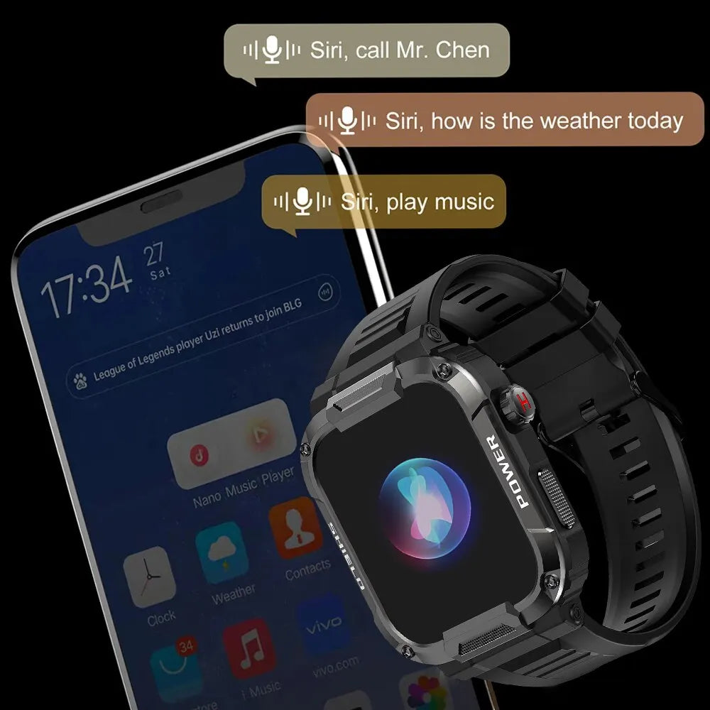 Black outdoor military smart watch for men by Lamp Post, featuring rugged design and digital display.