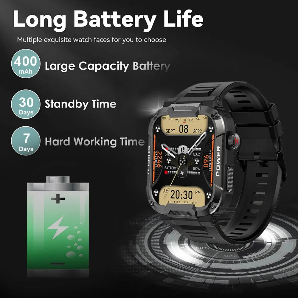 Black outdoor military smart watch for men by Lamp Post, featuring rugged design and digital display.