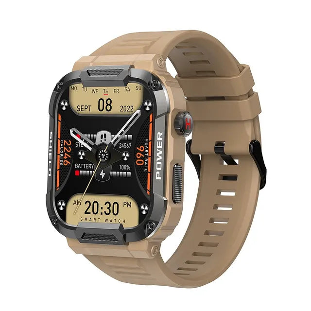 Black outdoor military smart watch for men by Lamp Post, featuring rugged design and digital display suitable for outdoor activities.