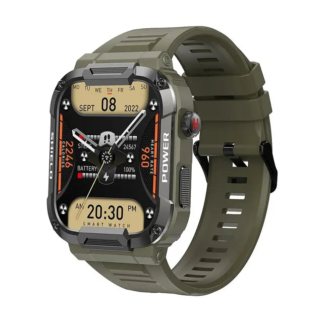 Black outdoor military smart watch for men by Lamp Post, featuring rugged design and digital display for outdoor activities.