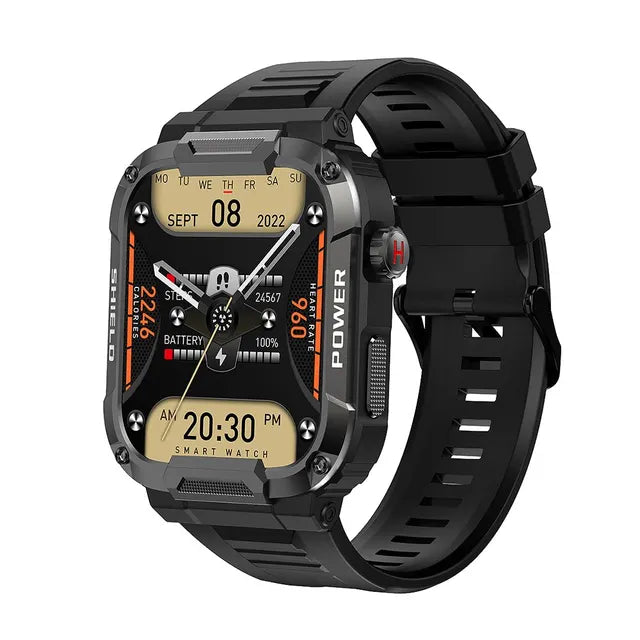 Black outdoor military smart watch for men by Lamp Post, featuring rugged design and digital display.