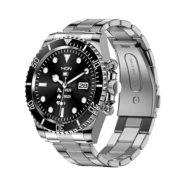 Black Pro Men Smart Watch by Lamp Post featuring a sleek digital display and fitness tracking on a modern watch face.