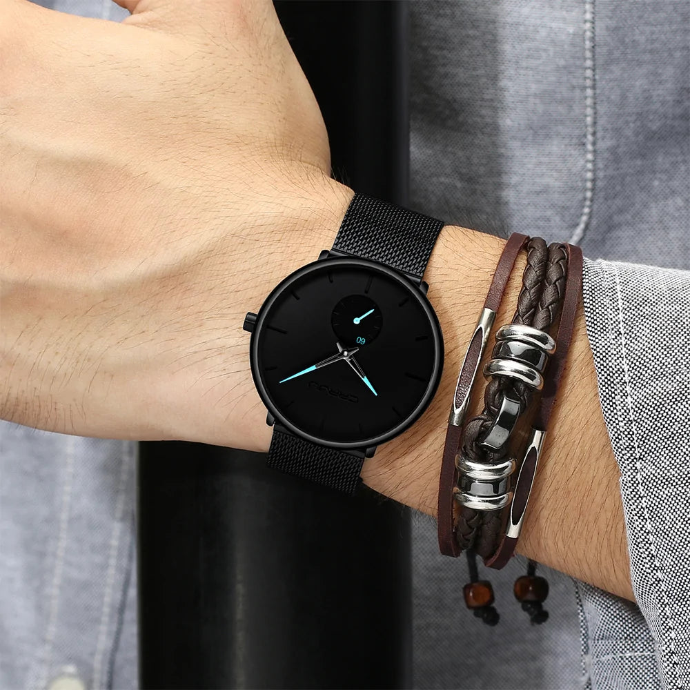 Black and red luxury quartz men's watch by Lamp Post with a sleek design and stainless steel strap.