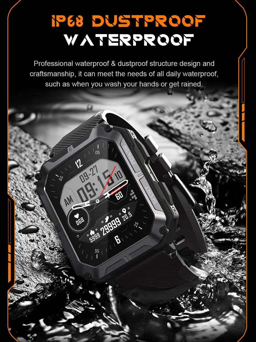 Black Lamp Post men's sport waterproof smart watch with digital display and fitness tracking features.