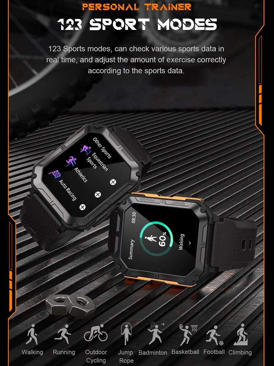 Black Lamp Post men's smart sports watch showing digital display, waterproof design, and sleek modern style.
