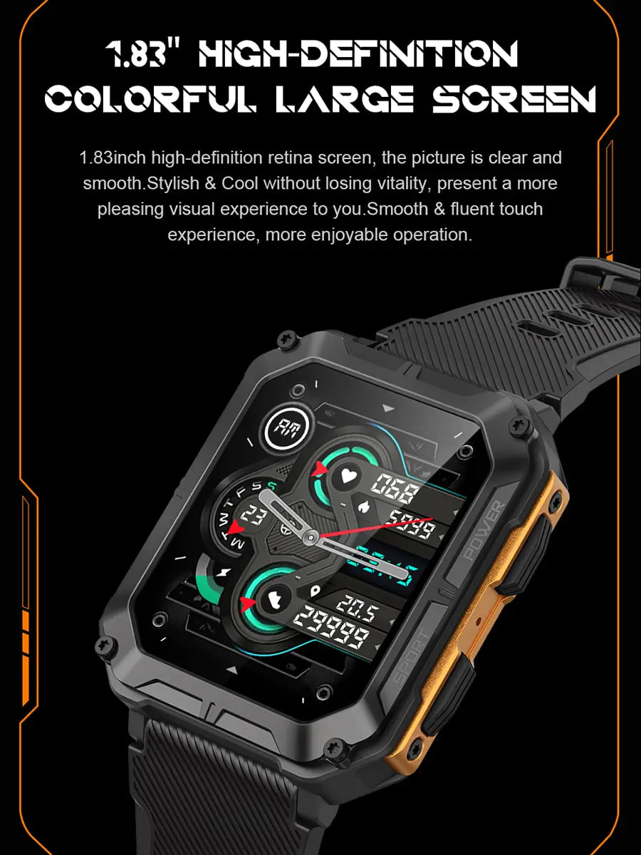 Black men's smart watch by Lamp Post with sport features and waterproof design, displayed on a sleek watch face.