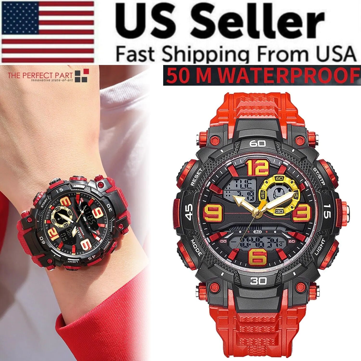 Male military-style digital wristwatch by Lamp Post with sport outdoor design, G-style features, and stopwatch functionality.