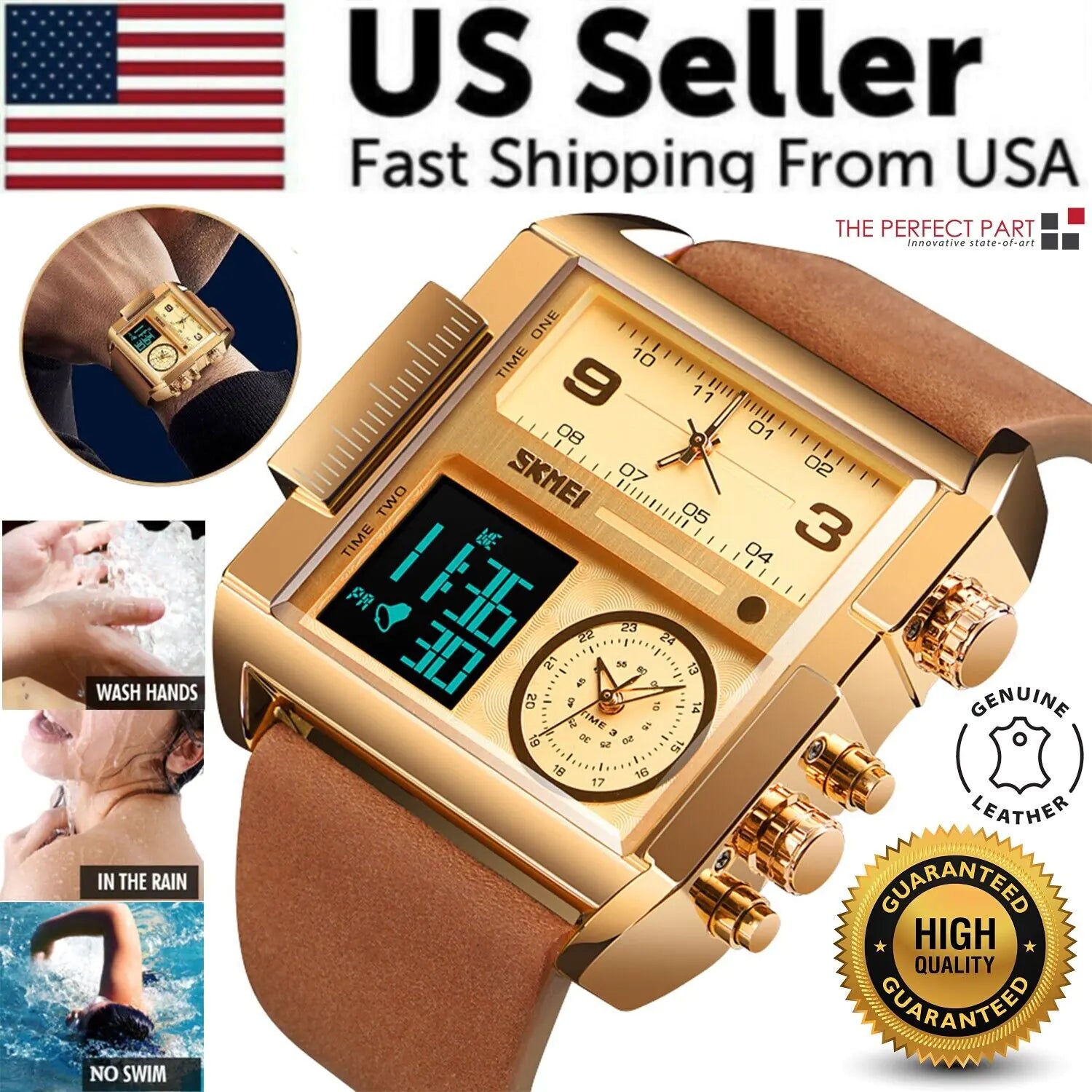 Lamp Post SKMEI men's digital quartz sport watch with large dial, stopwatch, leather strap, and modern design.