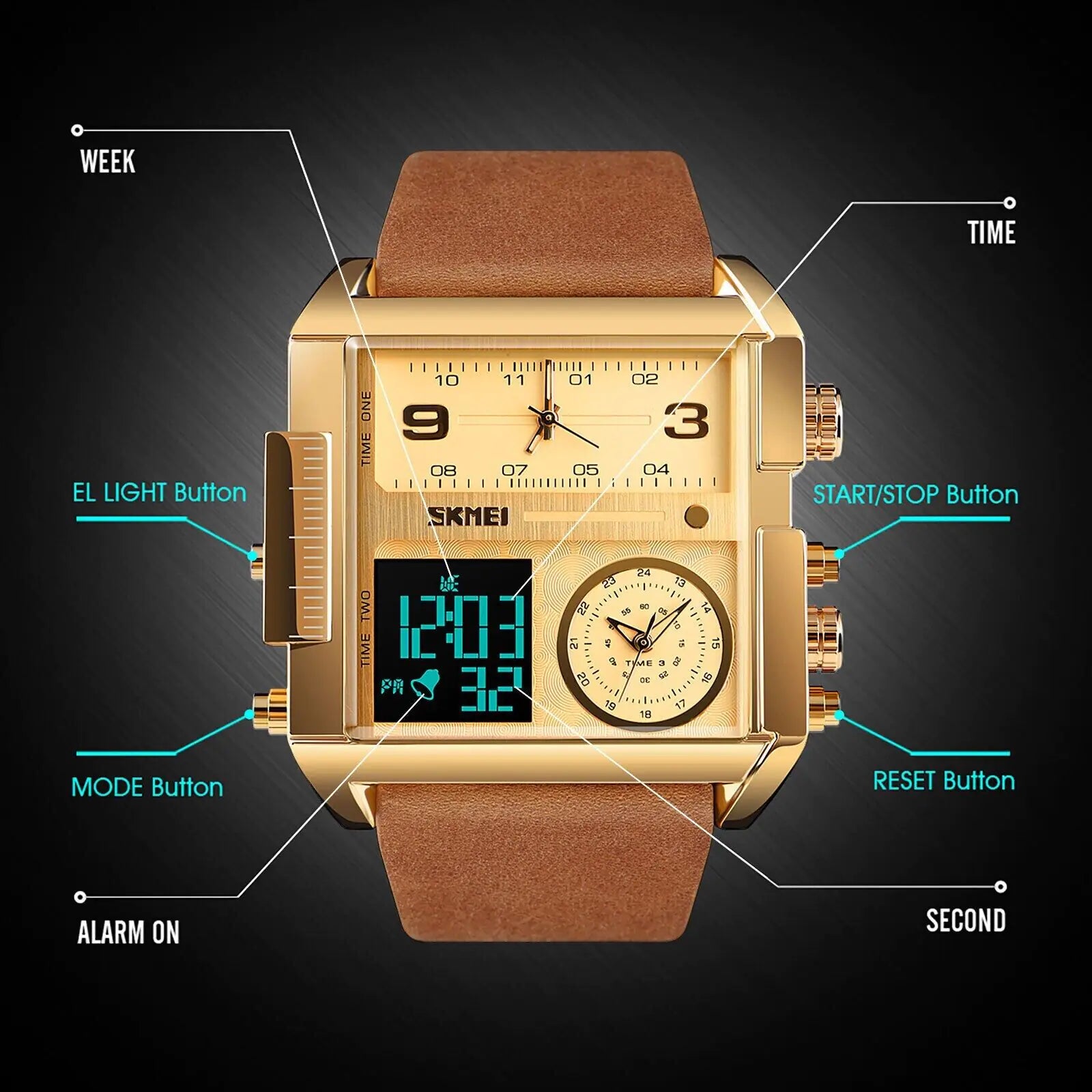 Lamp Post SKMEI men's digital quartz sport watch with large dial, stopwatch, leather strap, ideal for active wear.