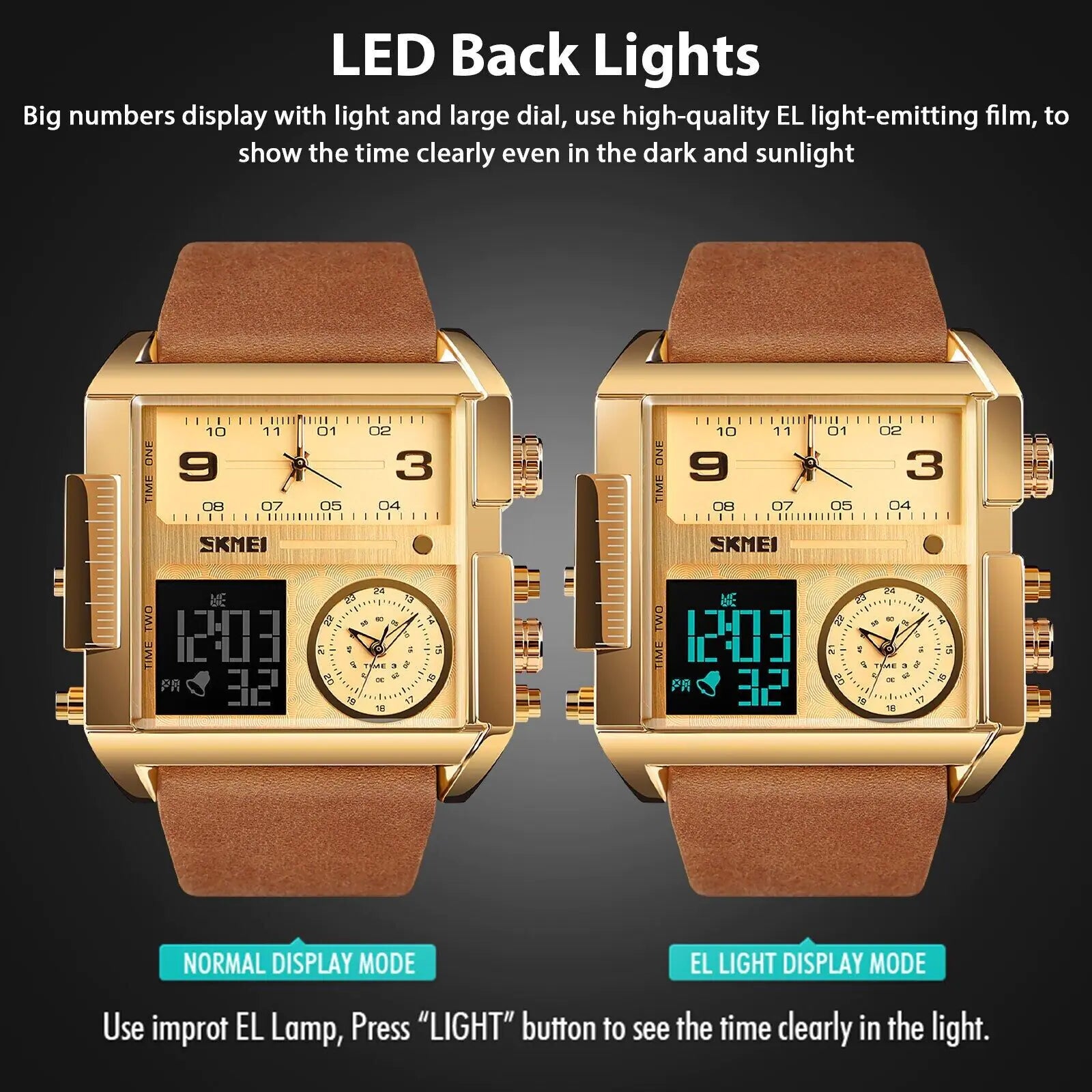 Lamp Post SKMEI men's digital quartz sport watch with large dial, stopwatch, leather strap, and modern design.