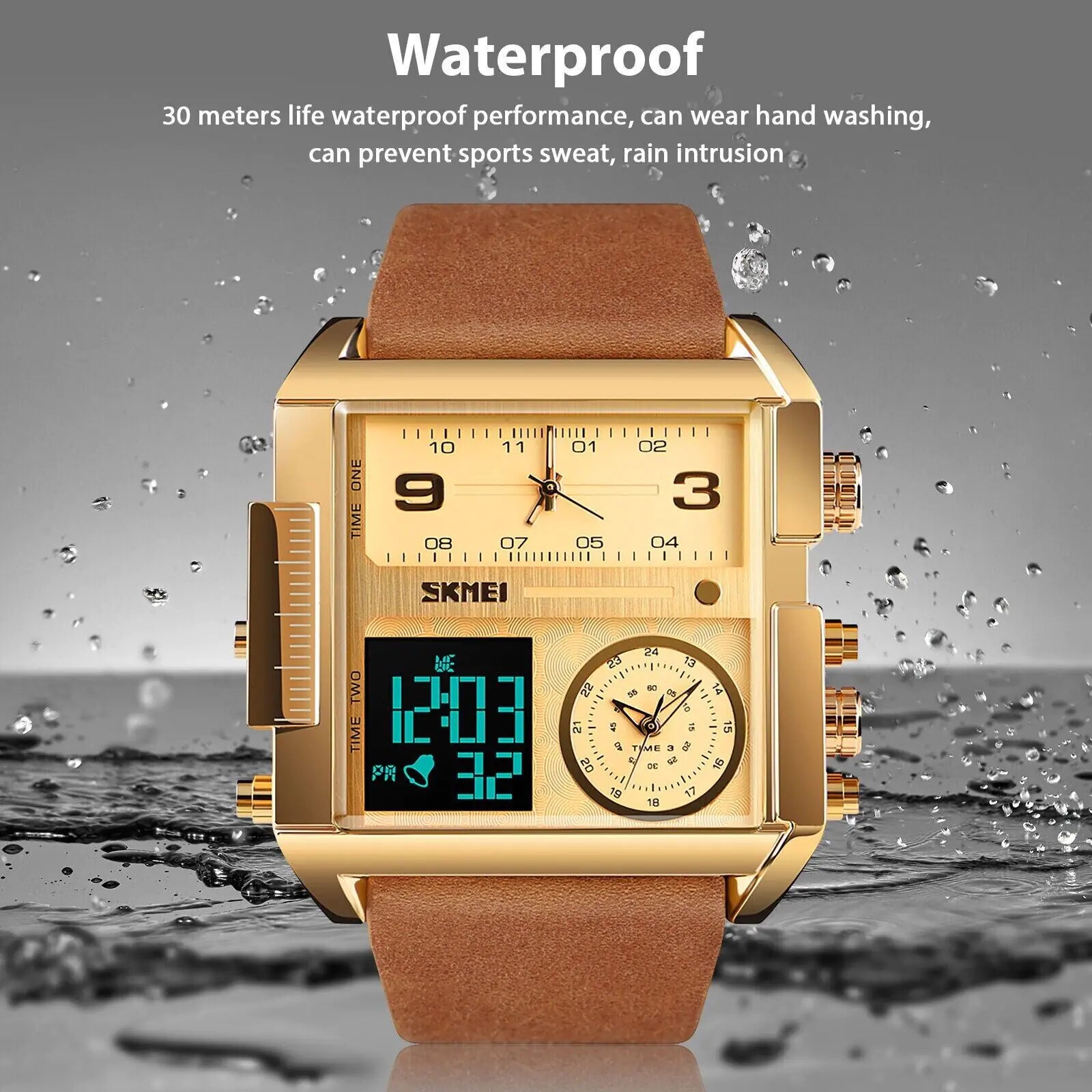 Lamp Post SKMEI men's digital sports watch with large dial, quartz movement, stopwatch, leather strap, new condition.