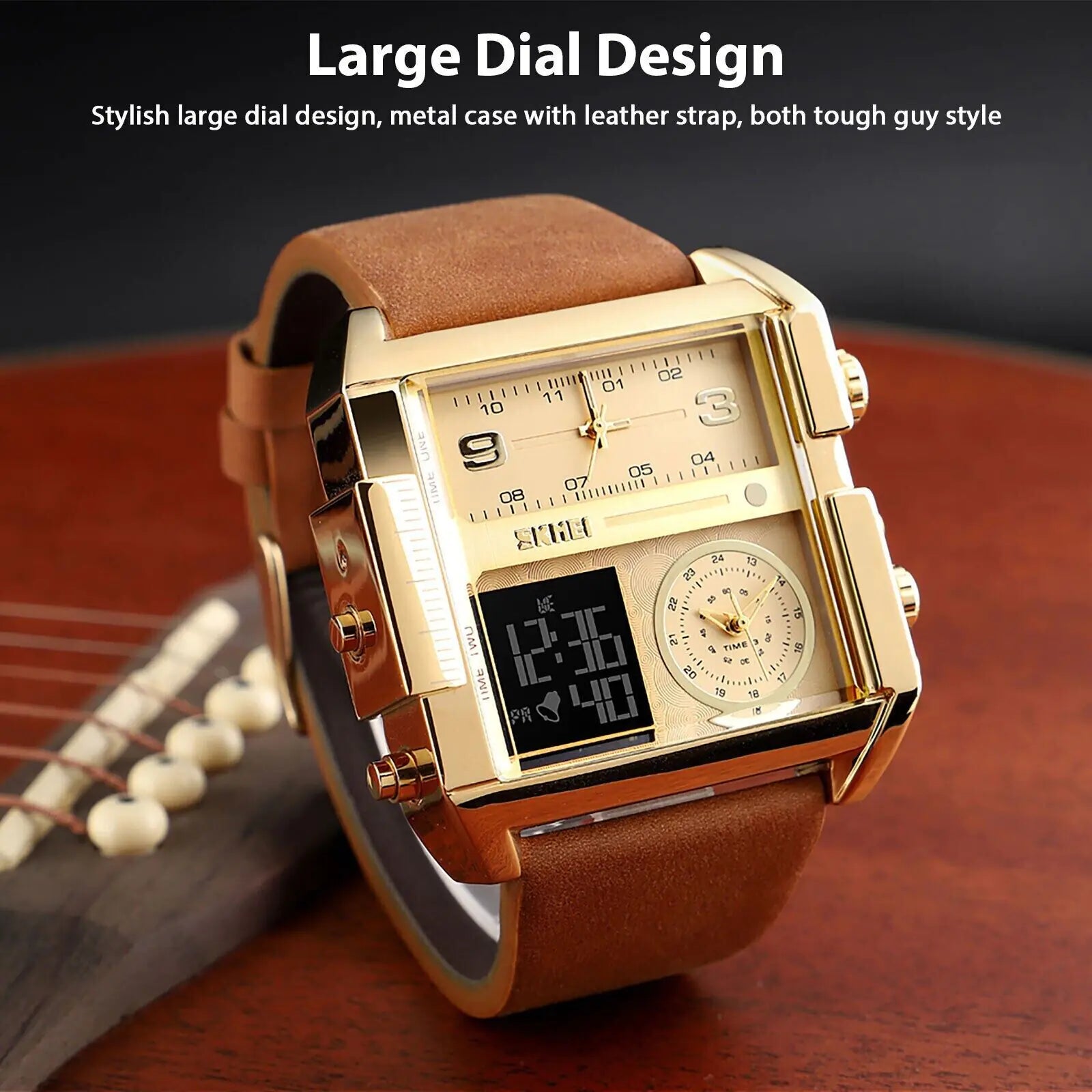 Lamp Post SKMEI men's sport watch with large digital dial, quartz movement, leather strap, and stopwatch feature.