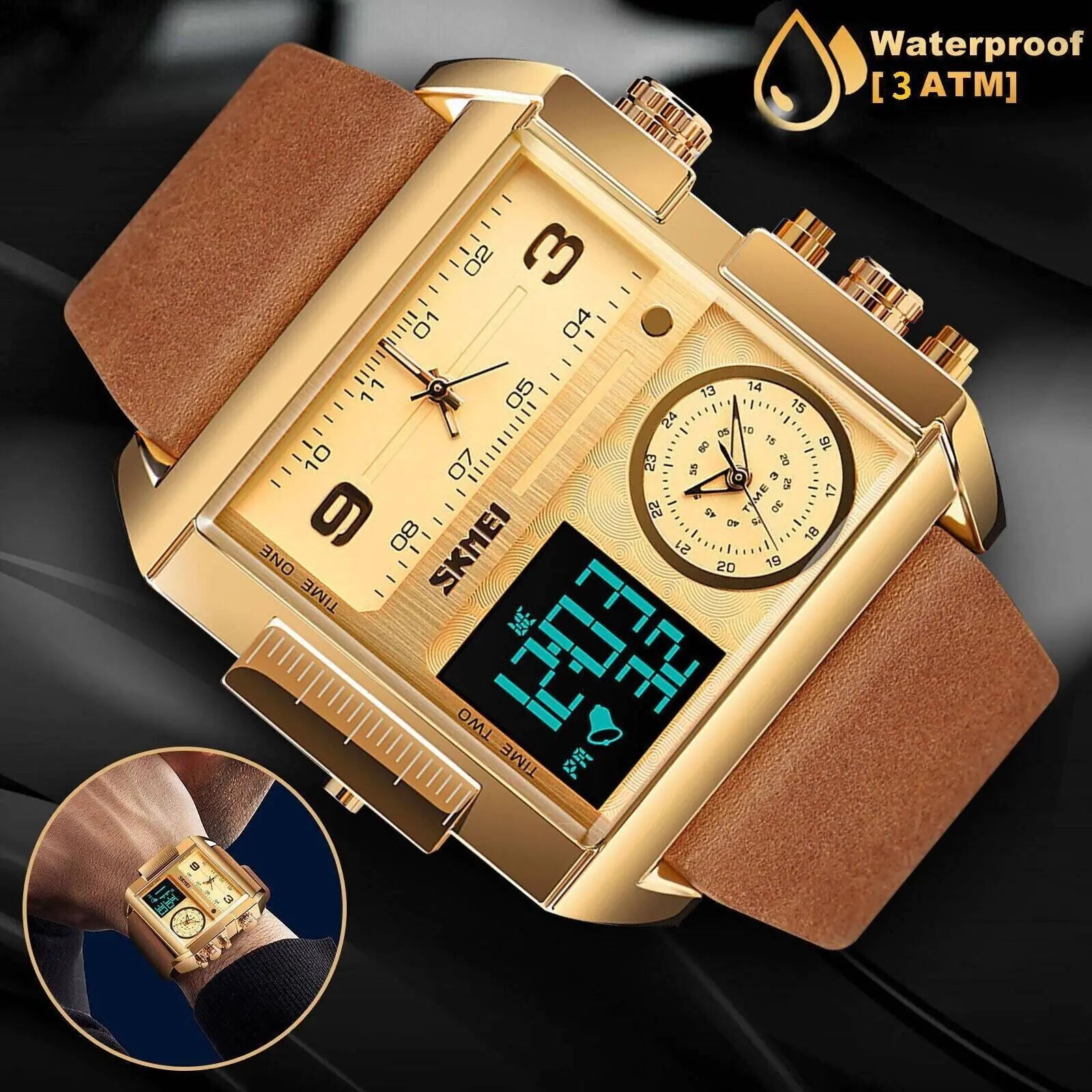 Lamp Post SKMEI men's digital quartz sport wristwatch with large dial, leather strap, and stopwatch feature.