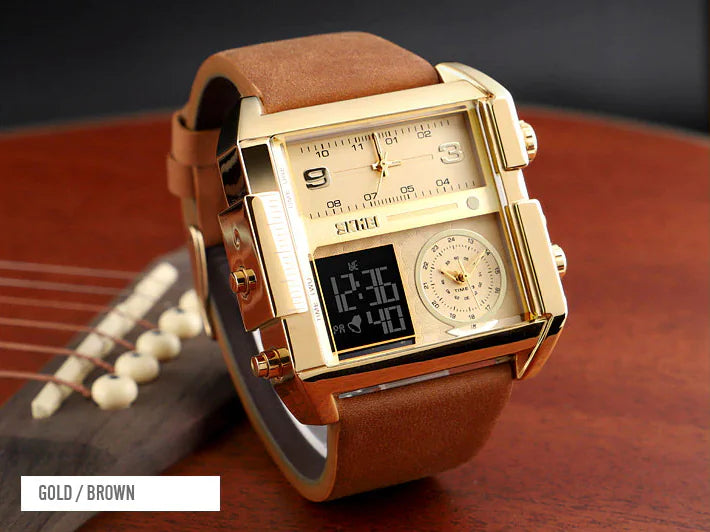 Lamp Post SKMEI men's watch with large digital dial, quartz movement, sport stopwatch, leather strap, new design.