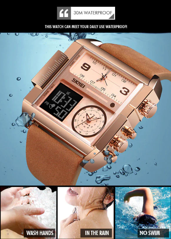 Lamp Post SKMEI men's digital quartz sport watch with large dial, leather strap, stopwatch feature, and modern design.