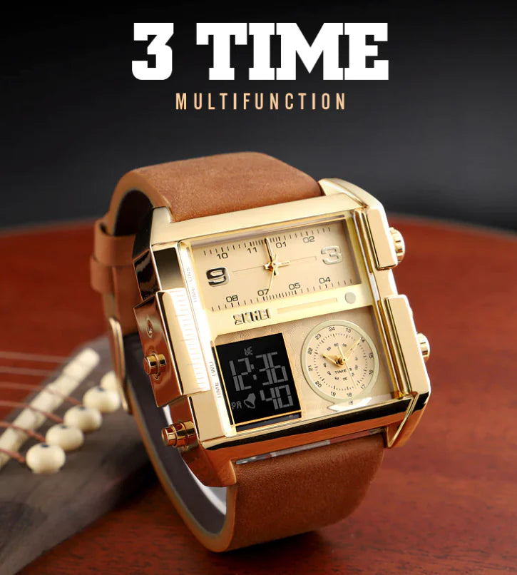 Lamp Post SKMEI men's digital quartz sport wristwatch with large dial, stopwatch, leather strap, and modern design.
