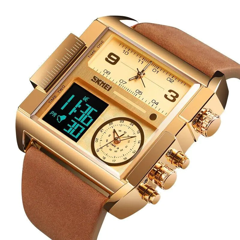 Lamp Post SKMEI men's digital quartz sport wristwatch with large dial, stopwatch function, leather strap, new condition.